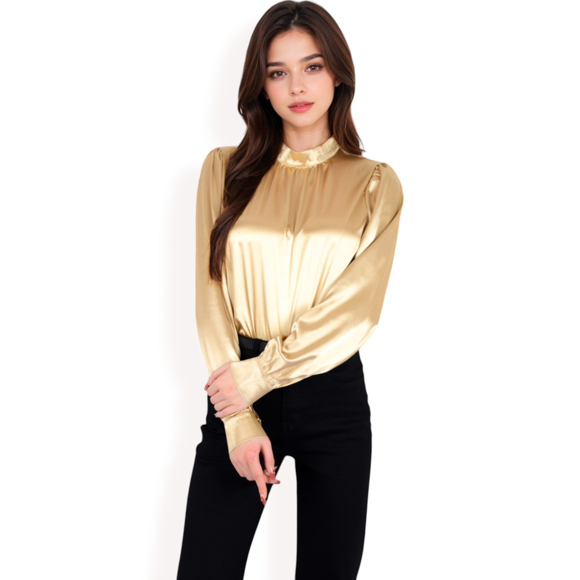Anna-Kaci Women's Satin Long Sleeve Blouse with High Neck and Puff Sleeves