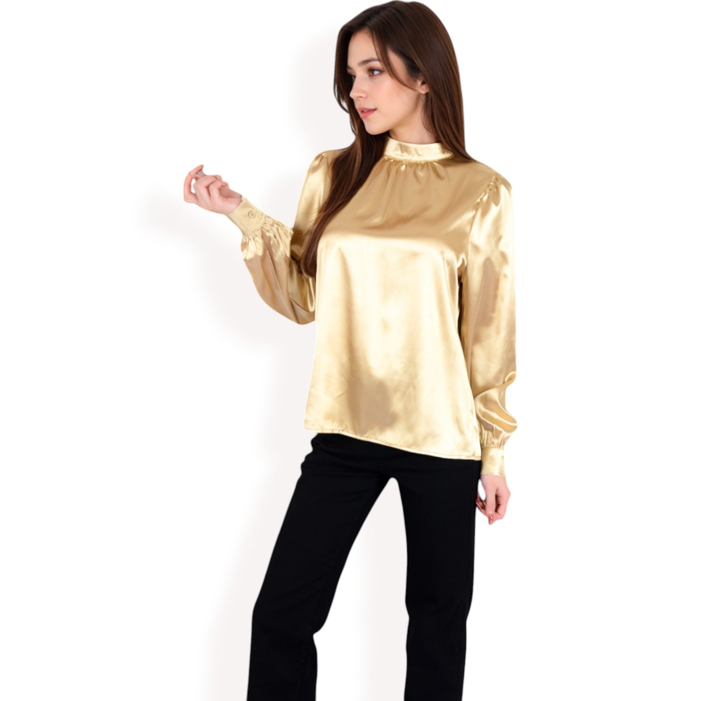 Anna-Kaci Women's Satin Long Sleeve Blouse with High Neck and Puff Sleeves