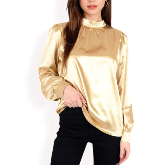 Anna-Kaci Women's Satin Long Sleeve Blouse with High Neck and Puff Sleeves