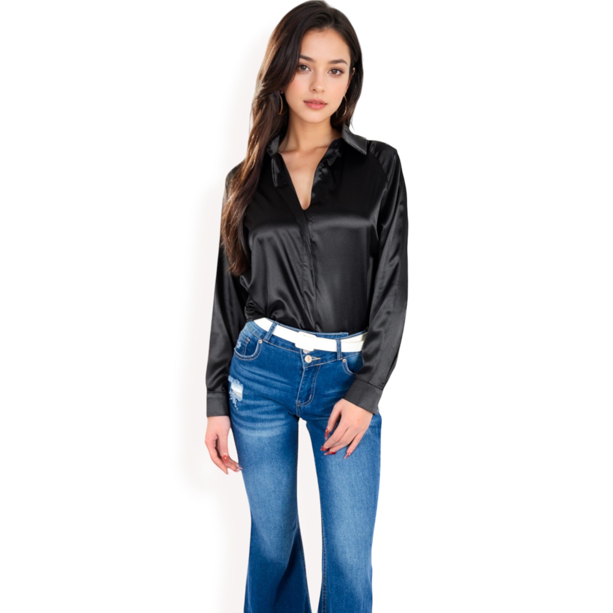 Anna-Kaci Women's Satin Pullover Top with Point Collar and Long Sleeves