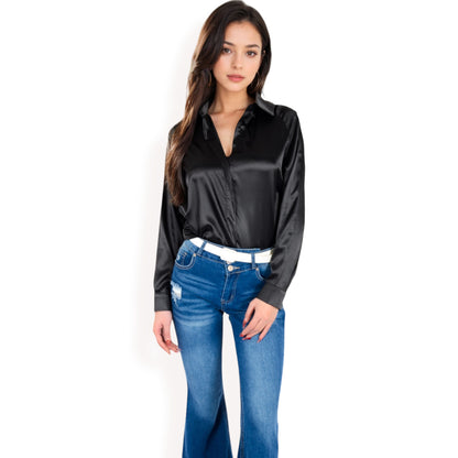 Anna-Kaci Women's Satin Pullover Top with Point Collar and Long Sleeves