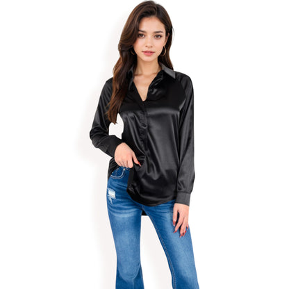 Anna-Kaci Women's Satin Pullover Top with Point Collar and Long Sleeves