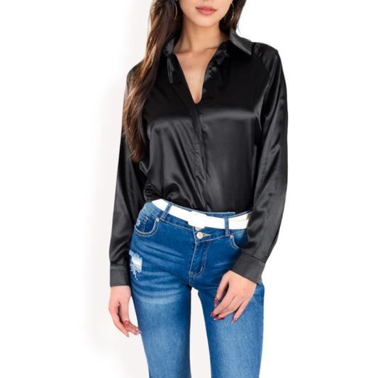 Anna-Kaci Women's Satin Pullover Top with Point Collar and Long Sleeves