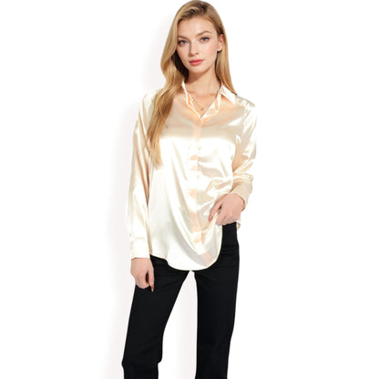 Anna-Kaci Women's Satin Pullover Top with Point Collar and Long Sleeves