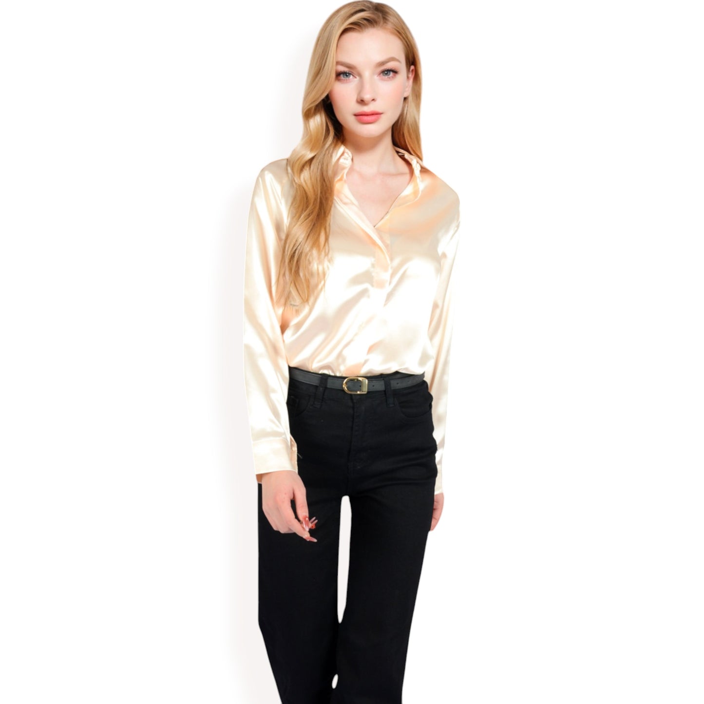 Anna-Kaci Women's Satin Pullover Top with Point Collar and Long Sleeves