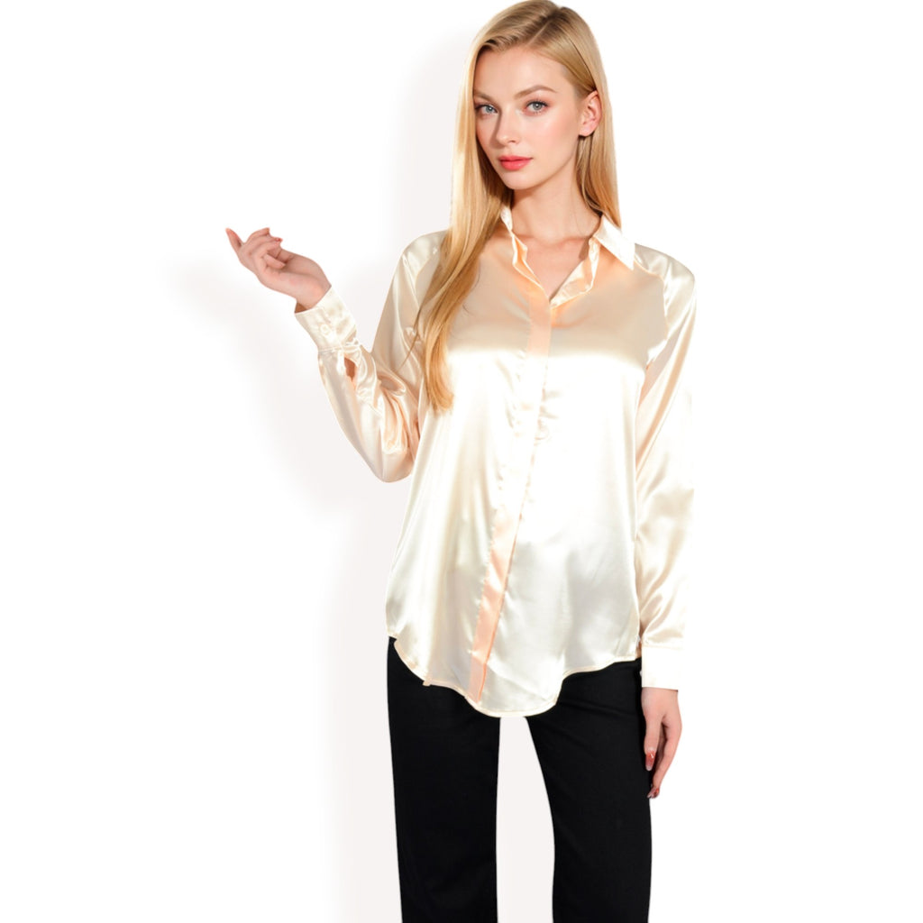 Anna-Kaci Women's Satin Pullover Top with Point Collar and Long Sleeves