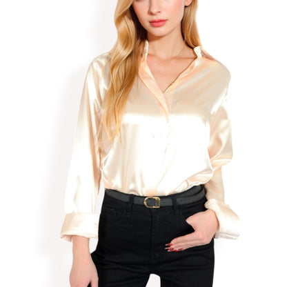 Anna-Kaci Women's Satin Pullover Top with Point Collar and Long Sleeves