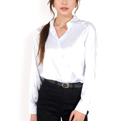 Anna-Kaci Women's Satin Pullover Top with Point Collar and Long Sleeves