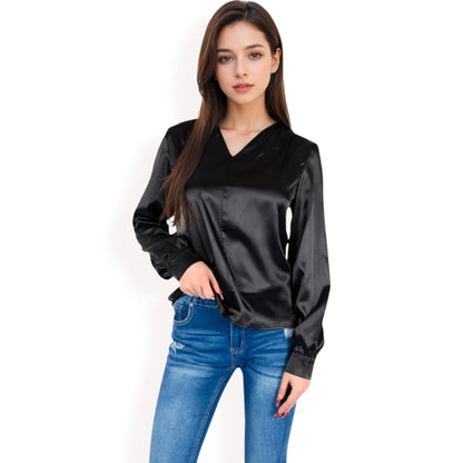 Anna-Kaci Women's Satin V-Neck Blouse with Long Sleeves