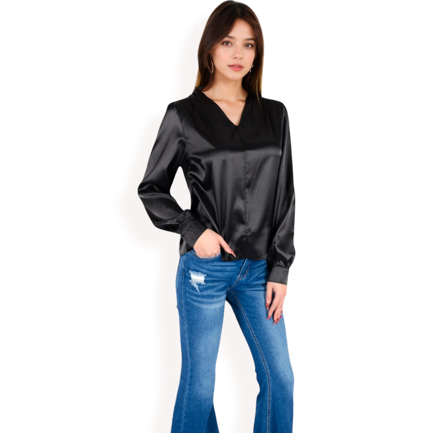 Anna-Kaci Women's Satin V-Neck Blouse with Long Sleeves