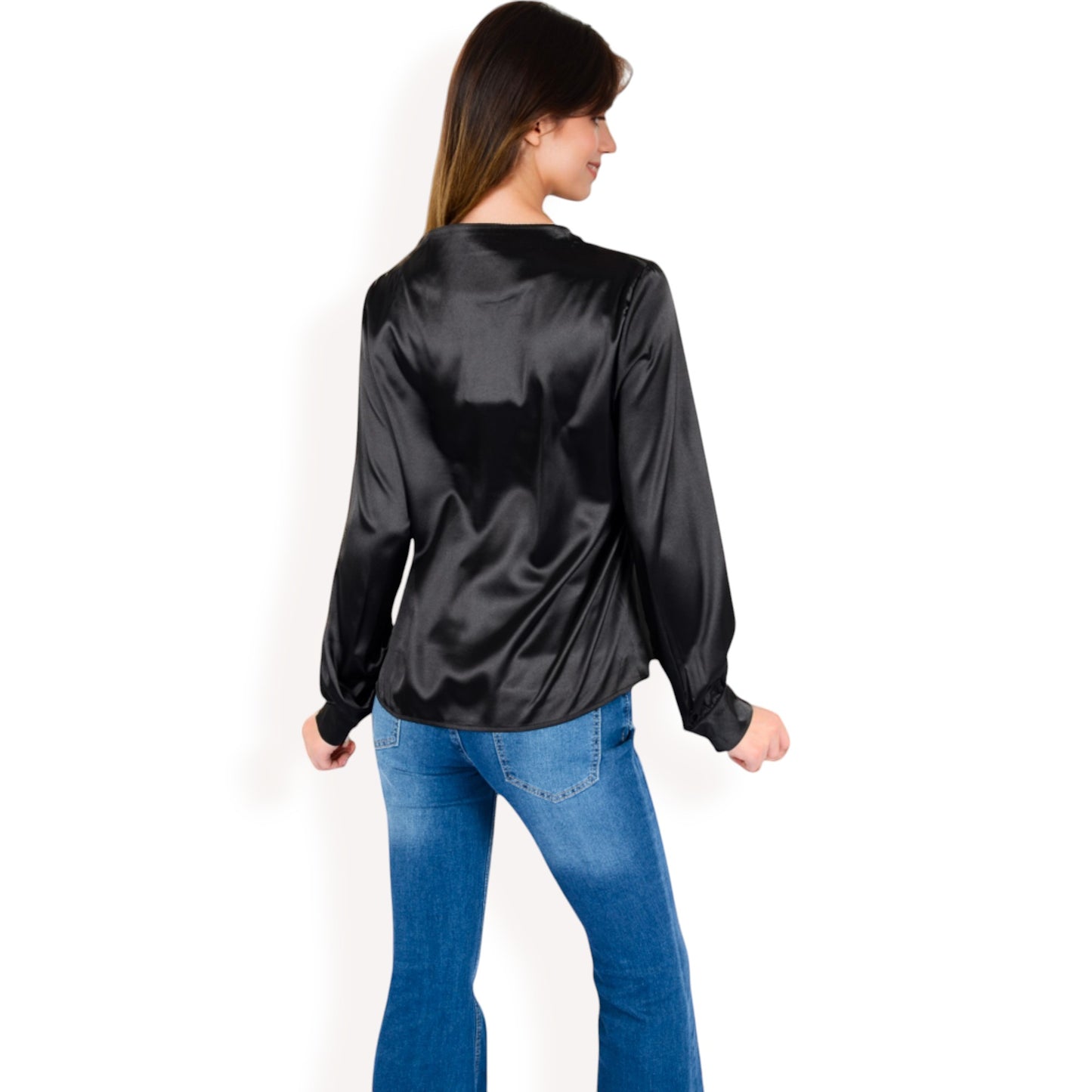 Anna-Kaci Women's Satin V-Neck Blouse with Long Sleeves