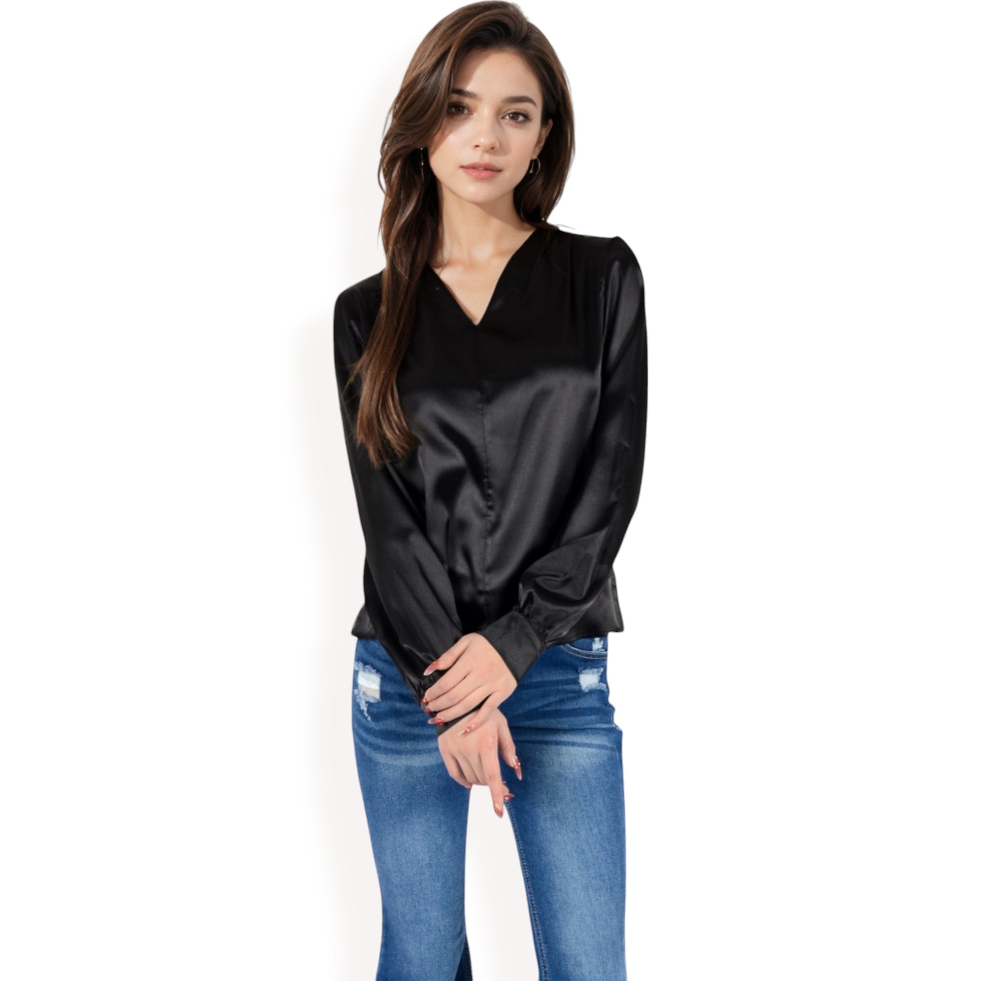 Anna-Kaci Women's Satin V-Neck Blouse with Long Sleeves
