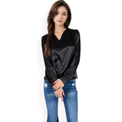 Anna-Kaci Women's Satin V-Neck Blouse with Long Sleeves