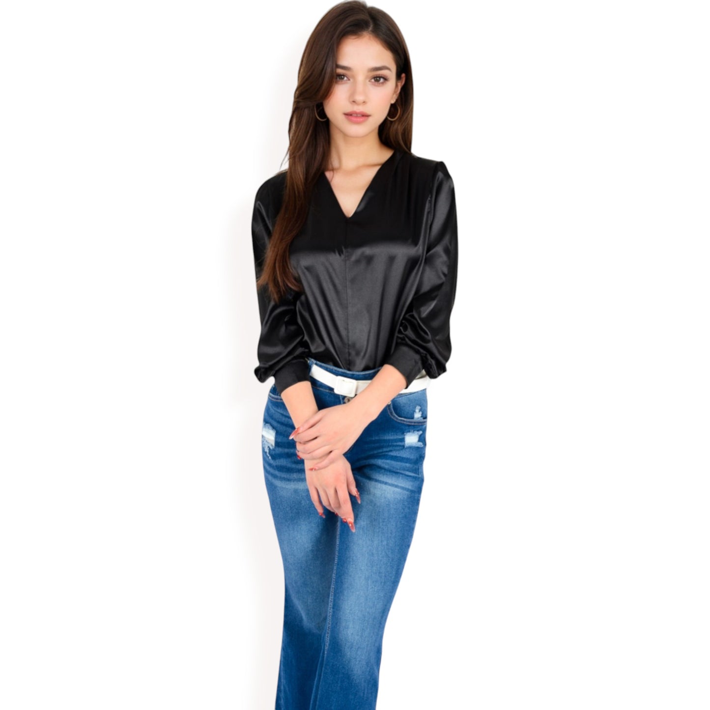 Anna-Kaci Women's Satin V-Neck Blouse with Long Sleeves