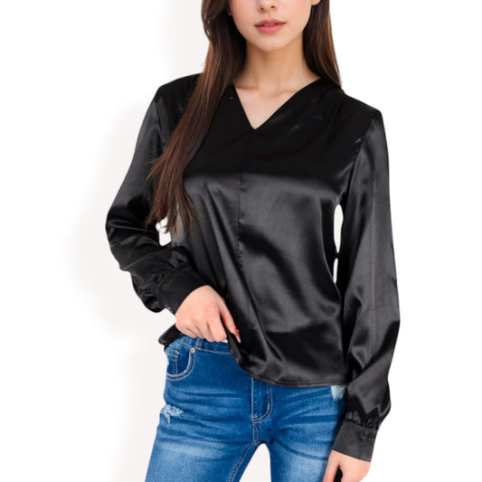 Anna-Kaci Women's Satin V-Neck Blouse with Long Sleeves