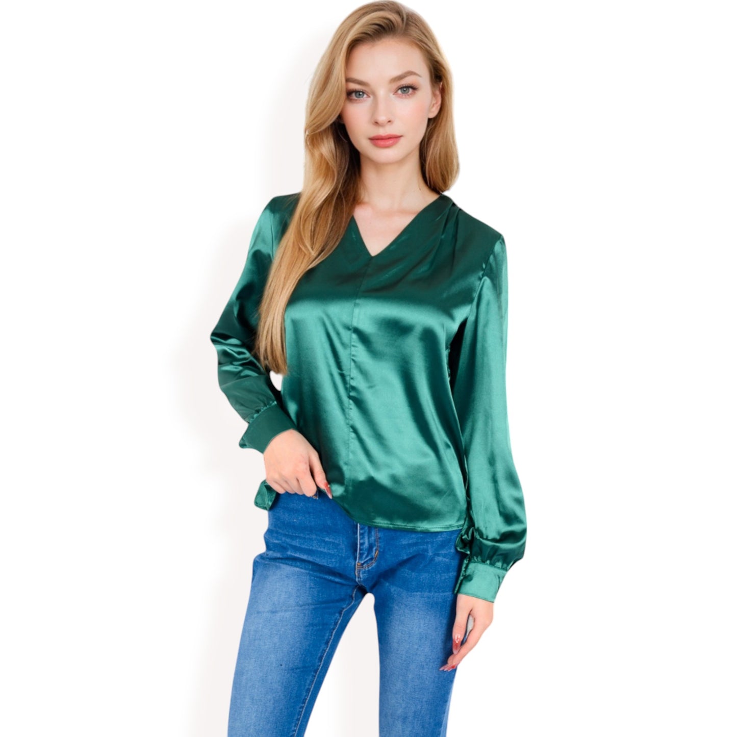 Anna-Kaci Women's Satin V-Neck Blouse with Long Sleeves