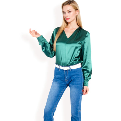 Anna-Kaci Women's Satin V-Neck Blouse with Long Sleeves