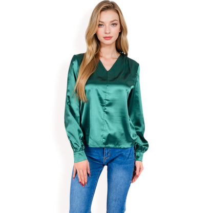 Anna-Kaci Women's Satin V-Neck Blouse with Long Sleeves
