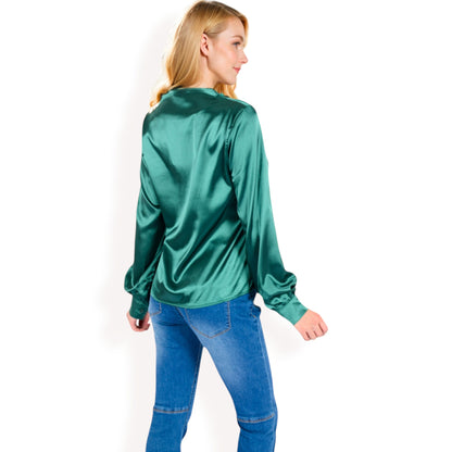 Anna-Kaci Women's Satin V-Neck Blouse with Long Sleeves