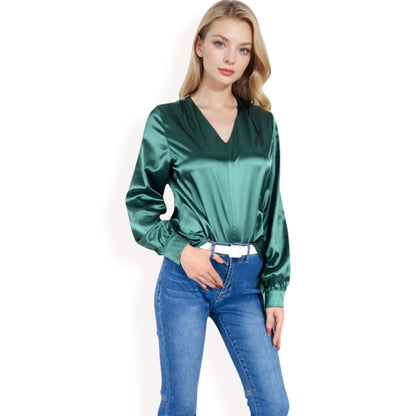 Anna-Kaci Women's Satin V-Neck Blouse with Long Sleeves
