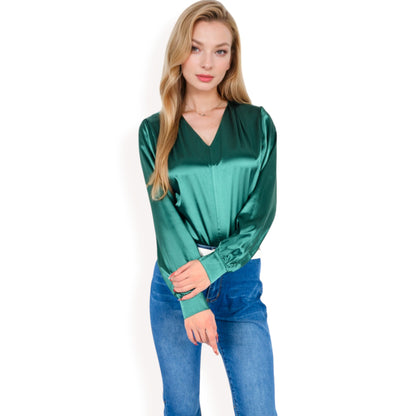 Anna-Kaci Women's Satin V-Neck Blouse with Long Sleeves