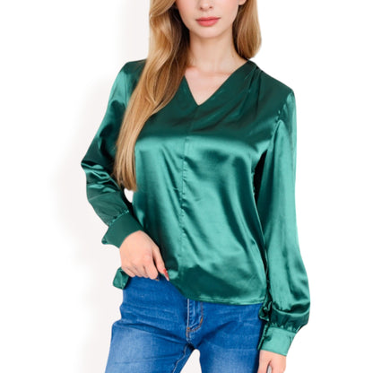 Anna-Kaci Women's Satin V-Neck Blouse with Long Sleeves