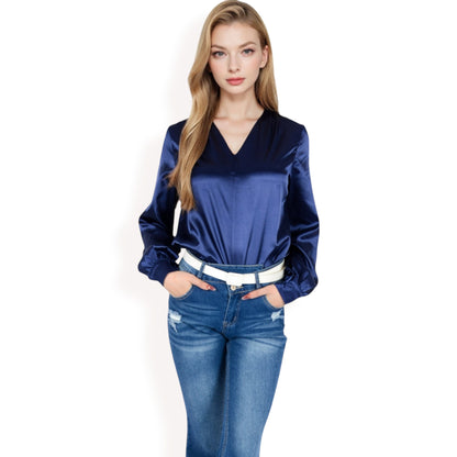 Anna-Kaci Women's Satin V-Neck Blouse with Long Sleeves