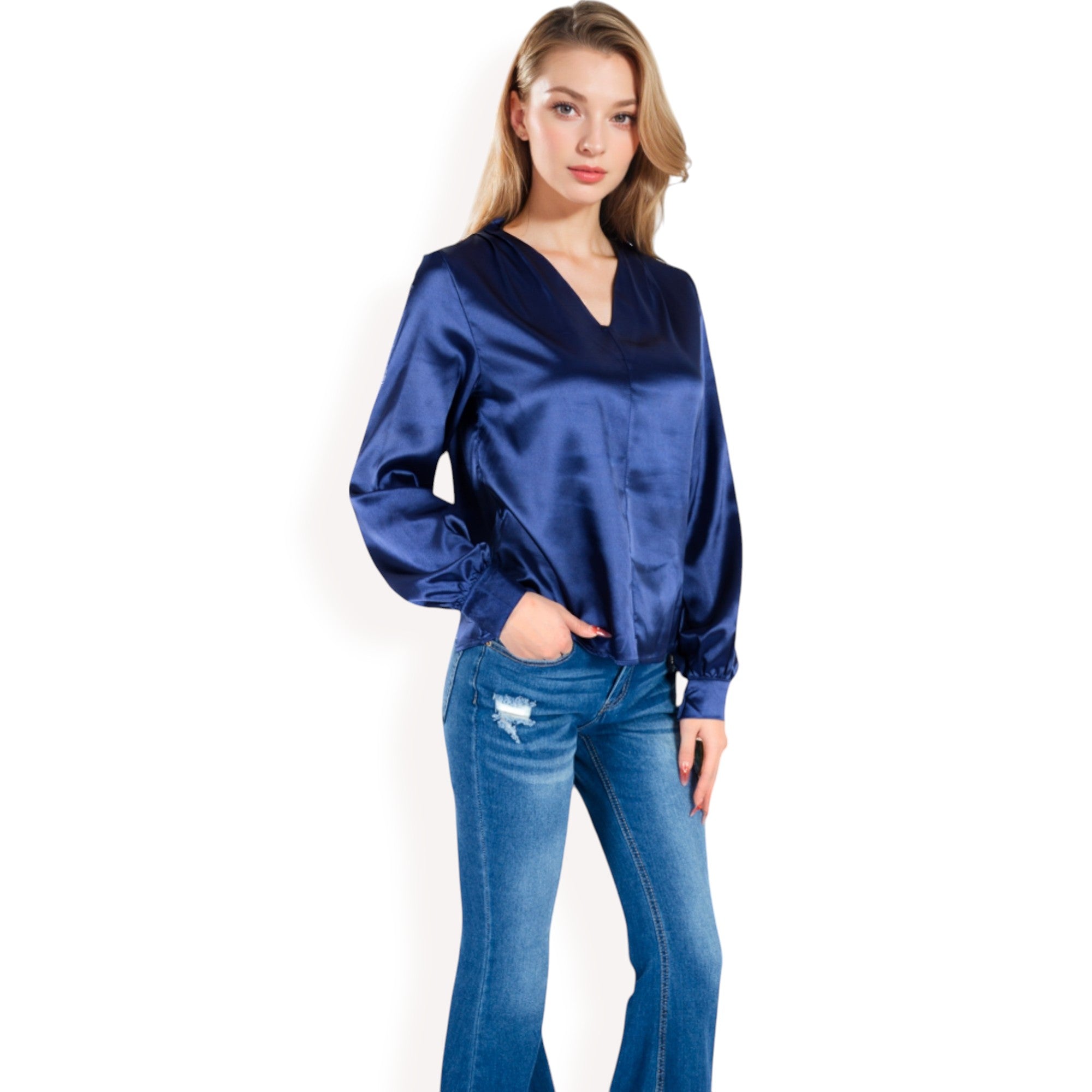 Anna-Kaci Women's Satin V-Neck Blouse with Long Sleeves