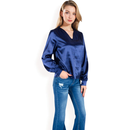 Anna-Kaci Women's Satin V-Neck Blouse with Long Sleeves