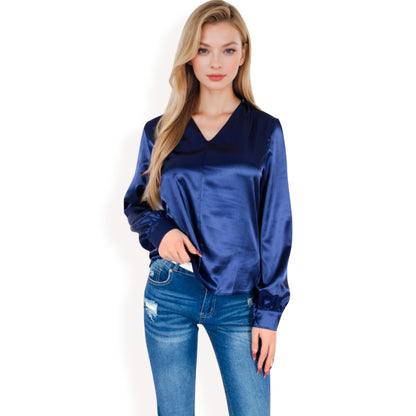 Anna-Kaci Women's Satin V-Neck Blouse with Long Sleeves