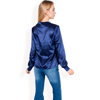 Anna-Kaci Women's Satin V-Neck Blouse with Long Sleeves