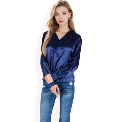 Anna-Kaci Women's Satin V-Neck Blouse with Long Sleeves