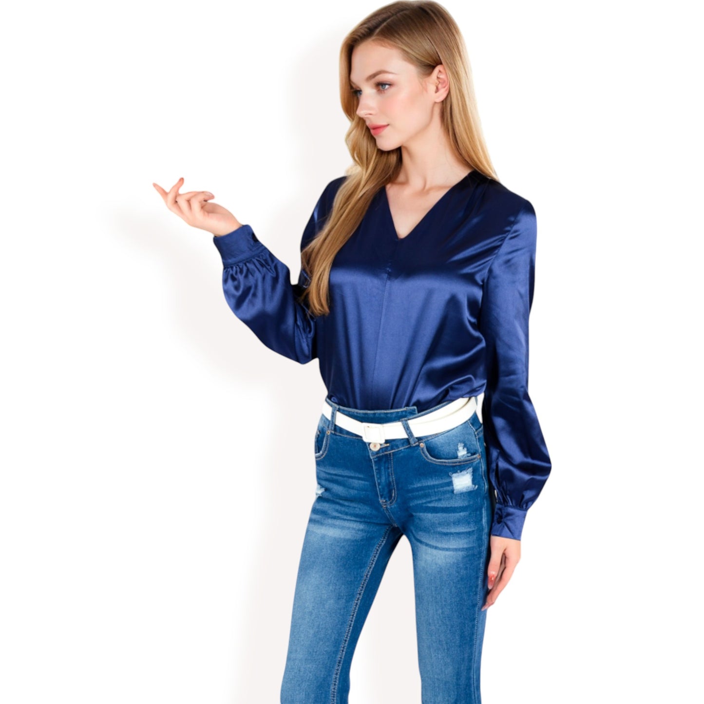 Anna-Kaci Women's Satin V-Neck Blouse with Long Sleeves
