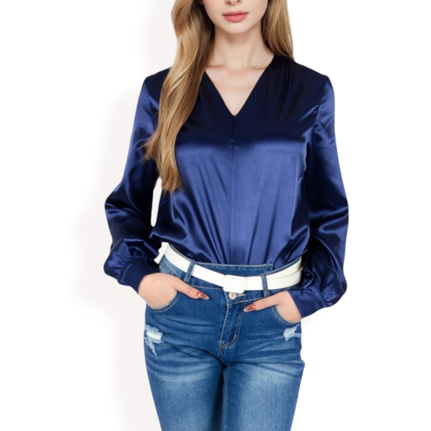Anna-Kaci Women's Satin V-Neck Blouse with Long Sleeves