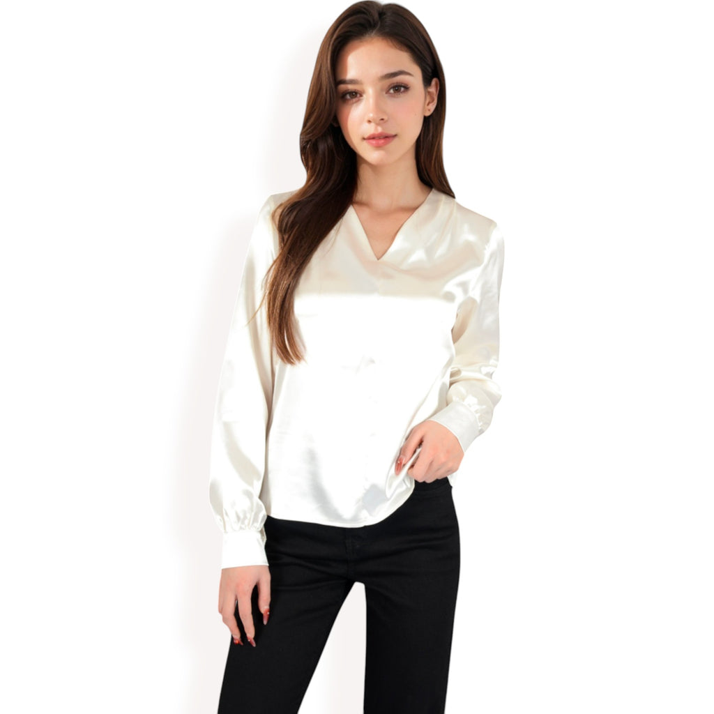 Anna-Kaci Women's Satin V-Neck Blouse with Long Sleeves