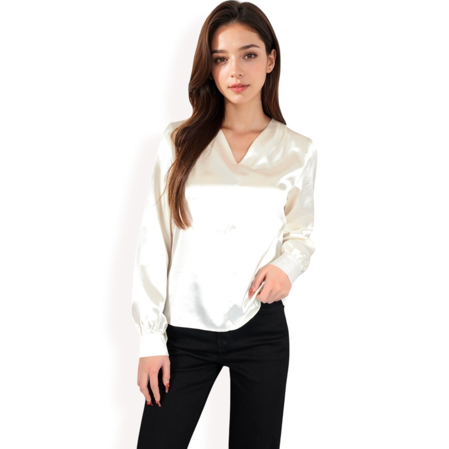 Anna-Kaci Women's Satin V-Neck Blouse with Long Sleeves