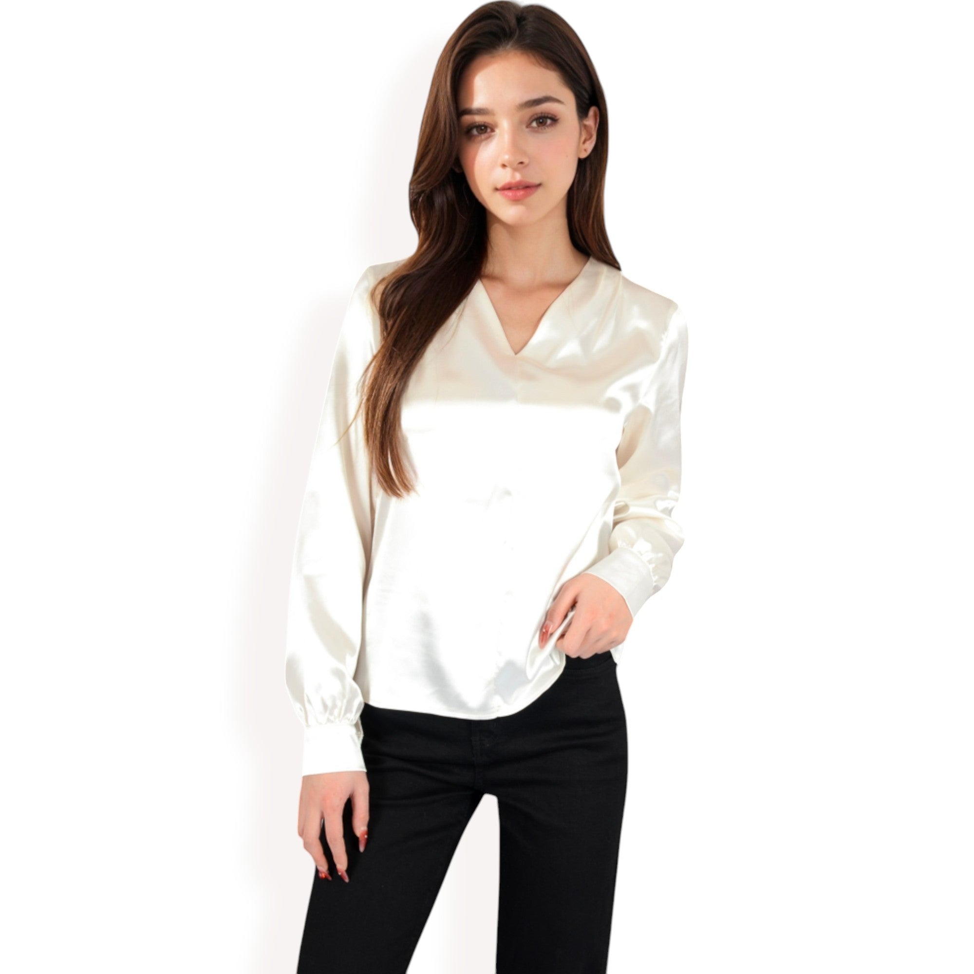 Anna-Kaci Women's Satin V-Neck Blouse with Long Sleeves