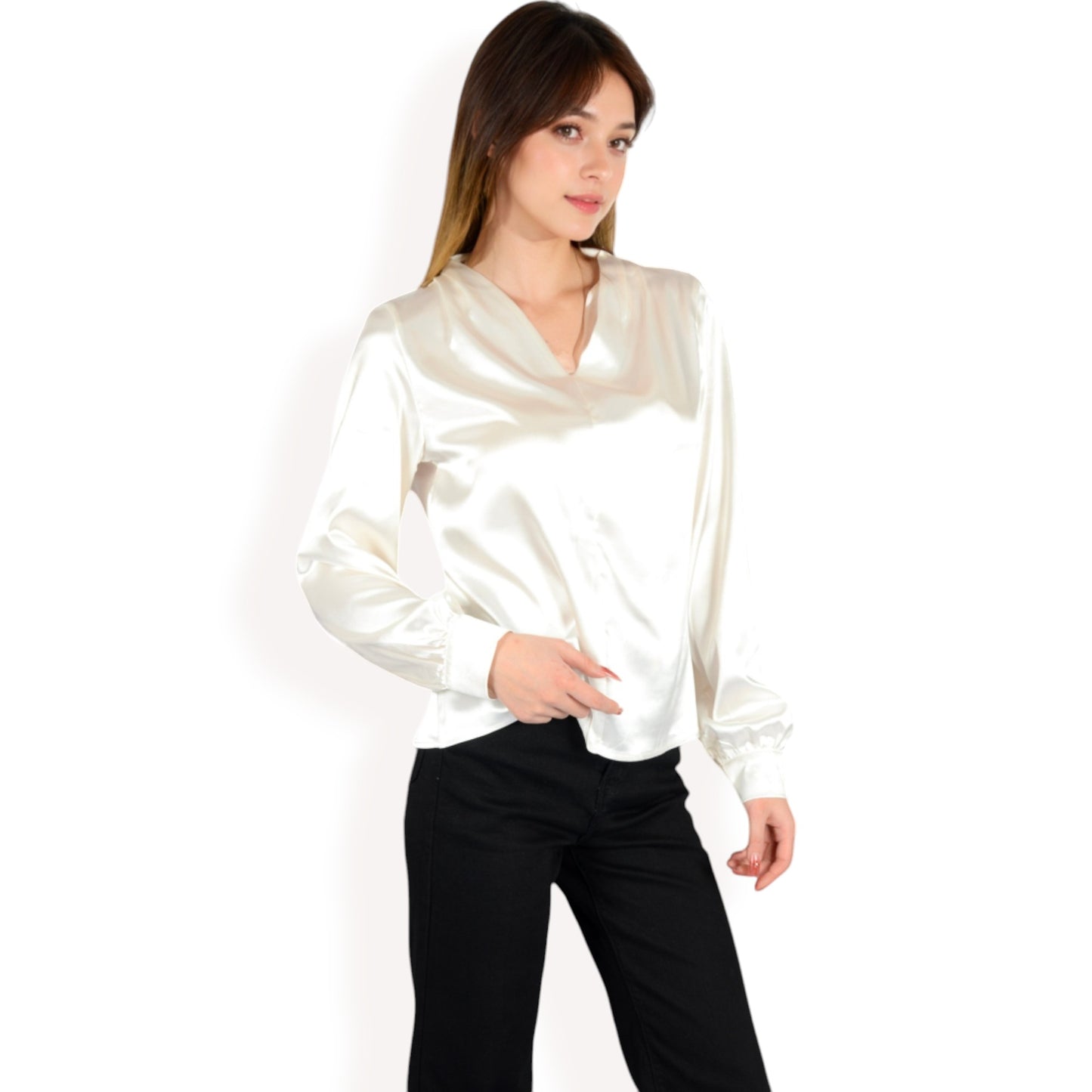 Anna-Kaci Women's Satin V-Neck Blouse with Long Sleeves