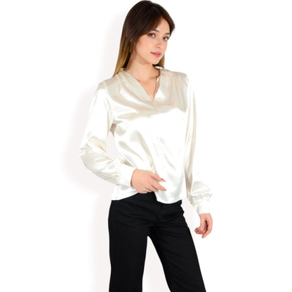 Anna-Kaci Women's Satin V-Neck Blouse with Long Sleeves