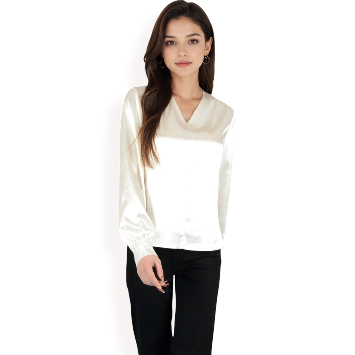 Anna-Kaci Women's Satin V-Neck Blouse with Long Sleeves