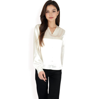 Anna-Kaci Women's Satin V-Neck Blouse with Long Sleeves
