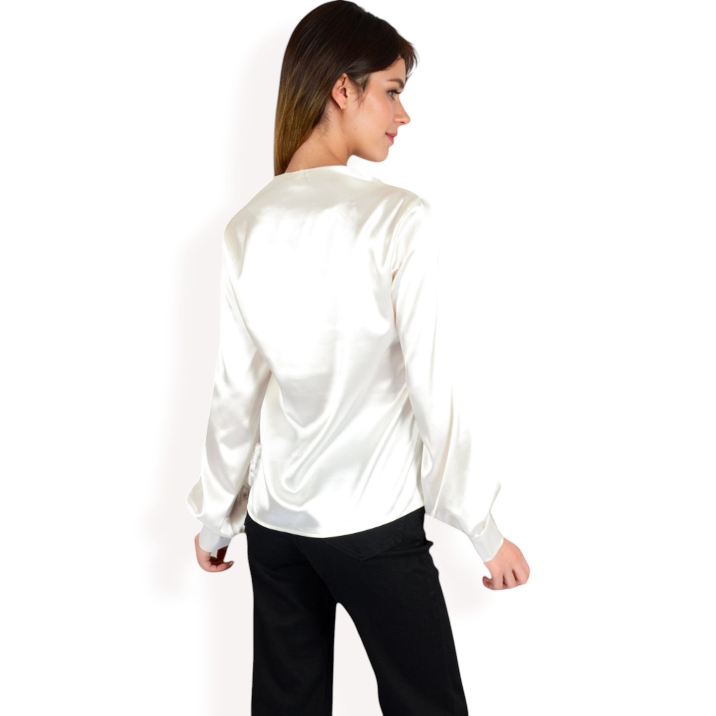 Anna-Kaci Women's Satin V-Neck Blouse with Long Sleeves