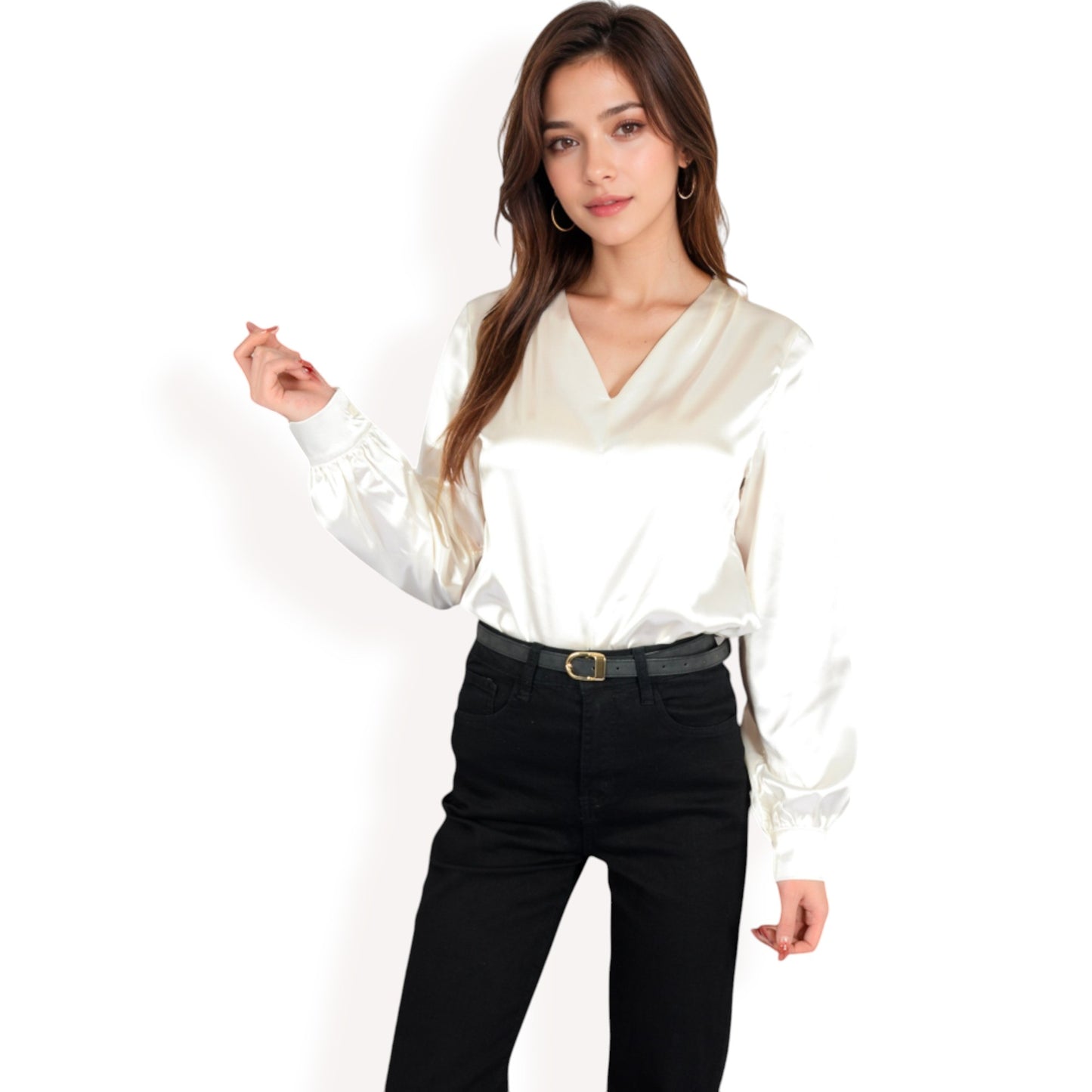 Anna-Kaci Women's Satin V-Neck Blouse with Long Sleeves