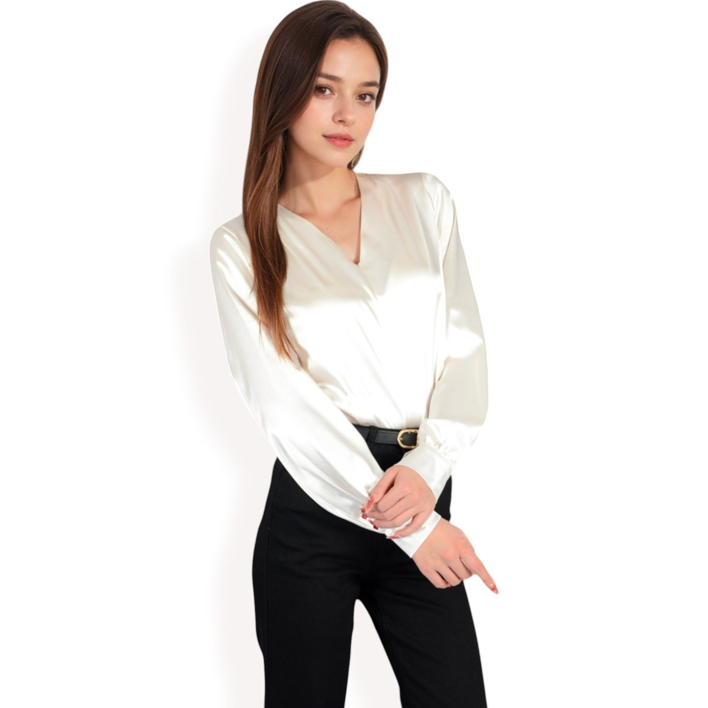 Anna-Kaci Women's Satin V-Neck Blouse with Long Sleeves