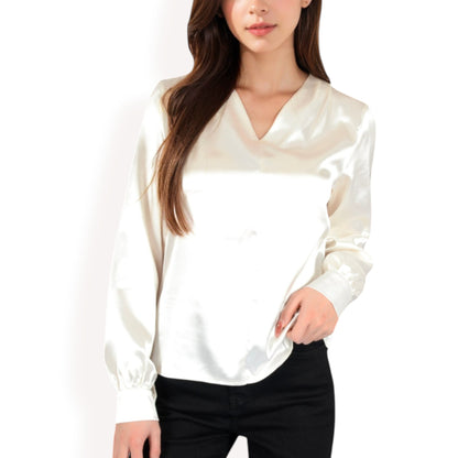 Anna-Kaci Women's Satin V-Neck Blouse with Long Sleeves