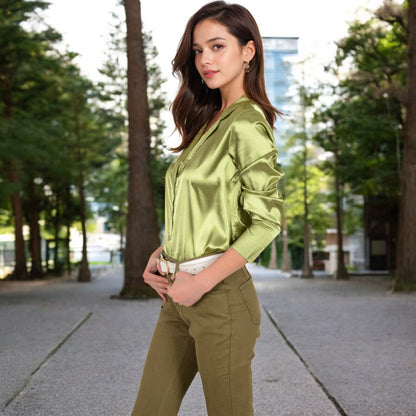 Anna-Kaci Women's Satin Button-Up Shirt with Collar and Flared Cuffs