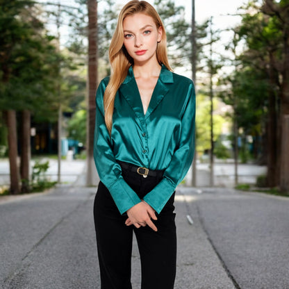 Anna-Kaci Women's Satin Button-Up Shirt with Collar and Flared Cuffs