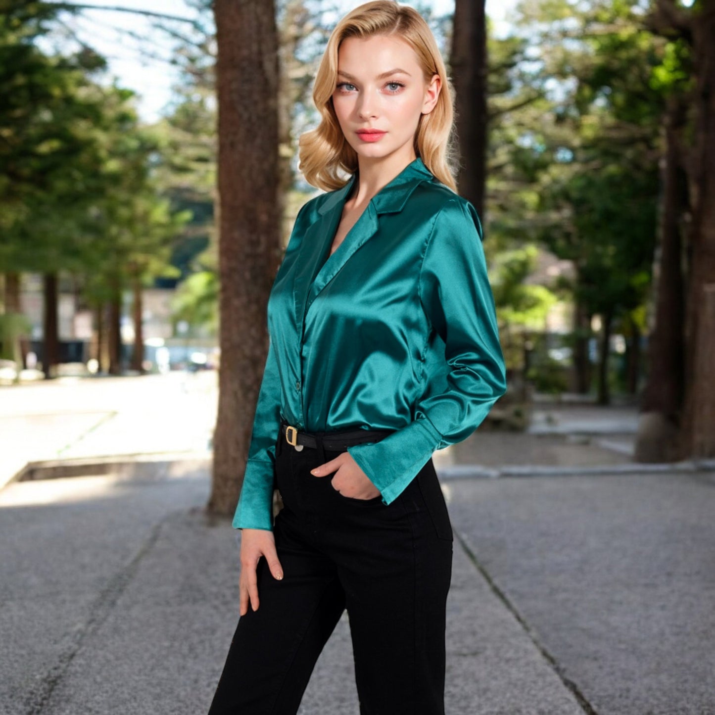 Anna-Kaci Women's Satin Button-Up Shirt with Collar and Flared Cuffs