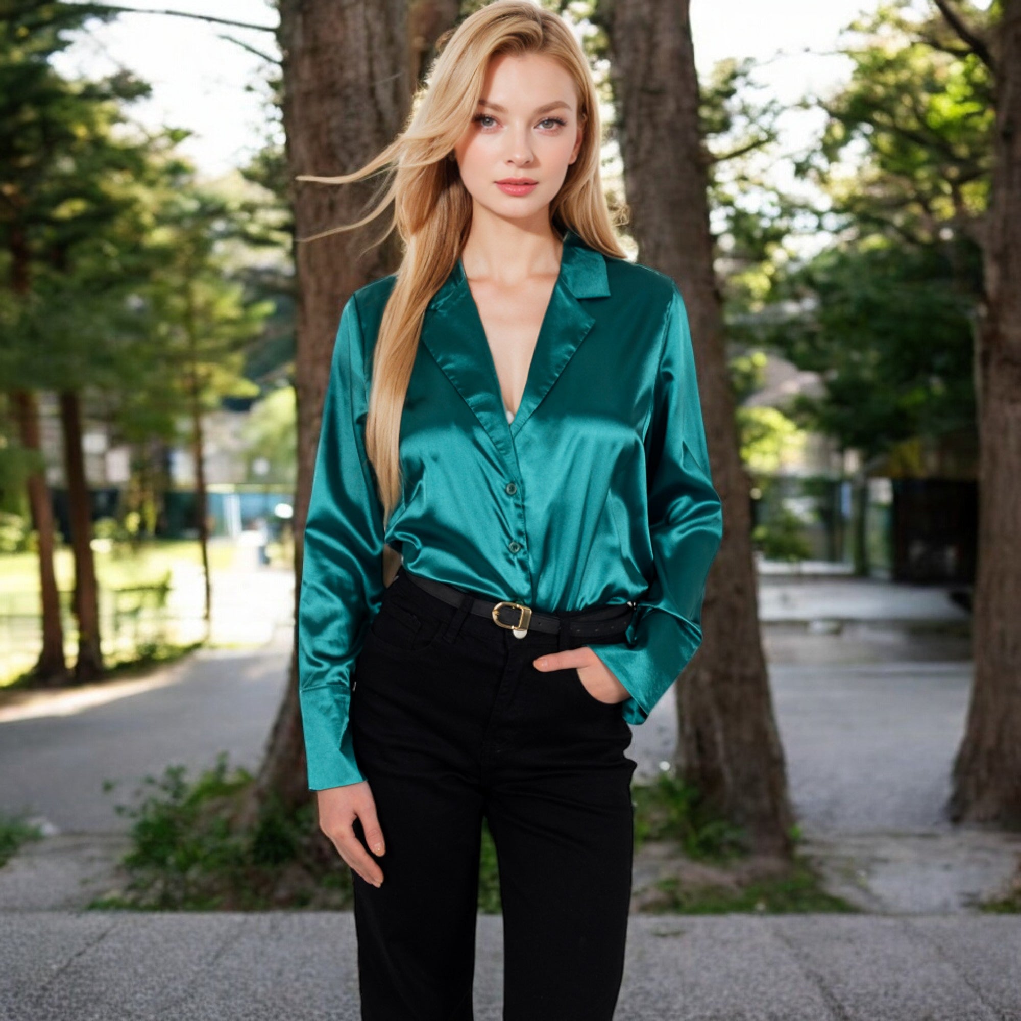 Anna-Kaci Women's Satin Button-Up Shirt with Collar and Flared Cuffs