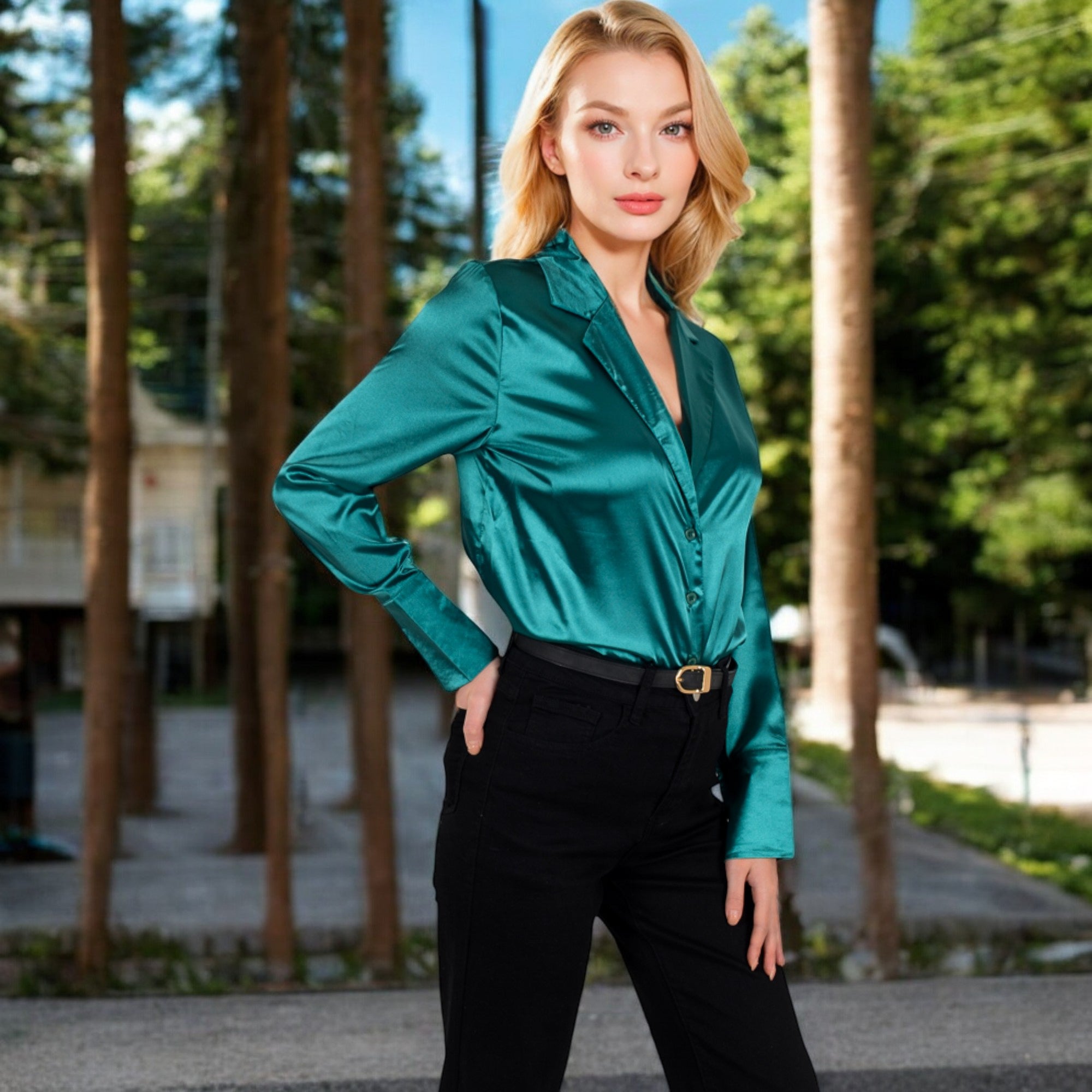 Anna-Kaci Women's Satin Button-Up Shirt with Collar and Flared Cuffs